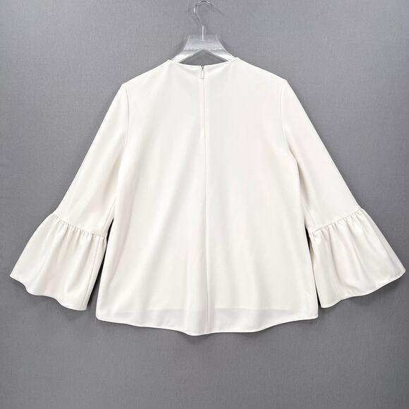 TIBI Ruffle Bell Sleeve Top Womens 4 Off White Chalky Drape Crew Neck Blouse - Picture 3 of 14